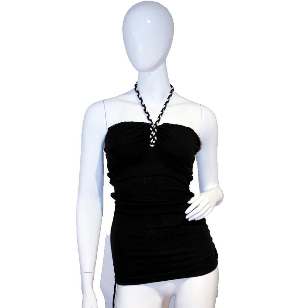 GUESS JEANS Black TOP Braided HALTER Tie REMOVABLE Pads RIBBED Ruched Sides M